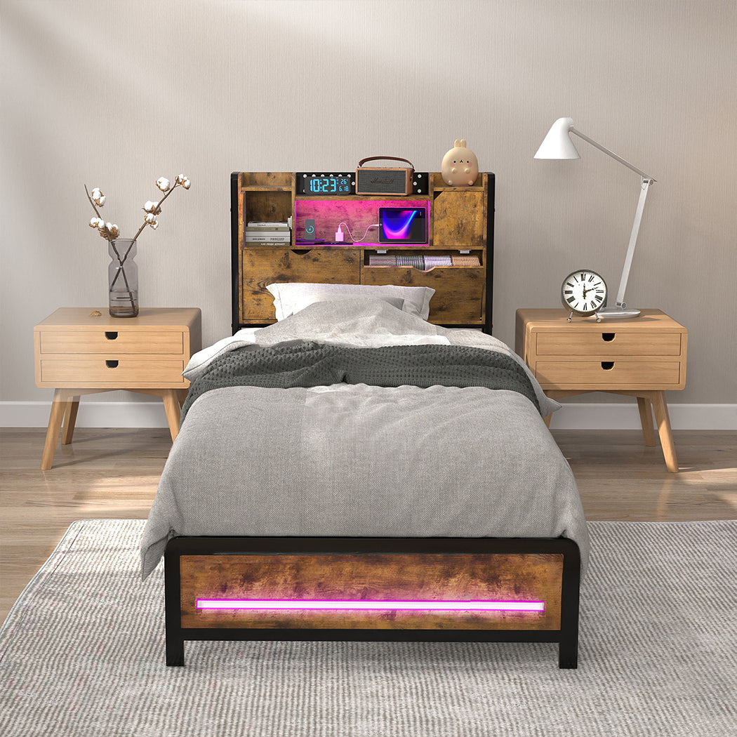 Single Bed Frame Storage Headboard Industrial 209x92x109cm