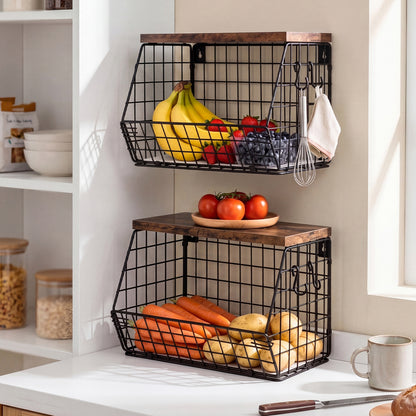 Toque Fruit Snack Storage Basket 2PCS Stackable Wall Mounted Kitchen Wood Lid