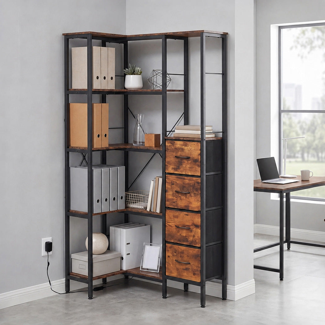 Corner Bookshelf With Fabric Drawers 89x58.5x170.5cm