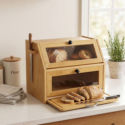 Bread Box Bread Bin Double Layer Bamboo Bread Storage with Window Natural
