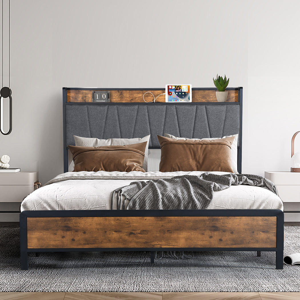 Premium Double Bed Frame Tufted Headboard USB Charge  High Back