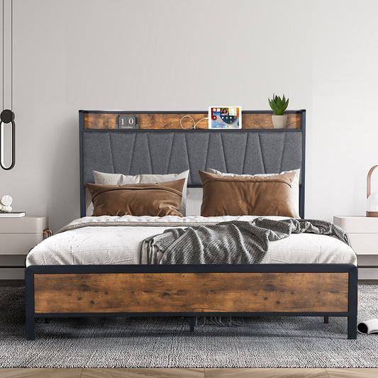 Premium Double Bed Frame Tufted Headboard USB Charge  High Back
