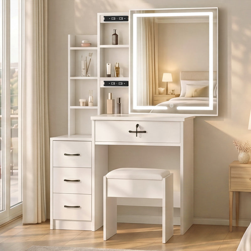 Dressing Table Vanity Stool Set Sliding LED Mirror Makeup Storage Shelves White