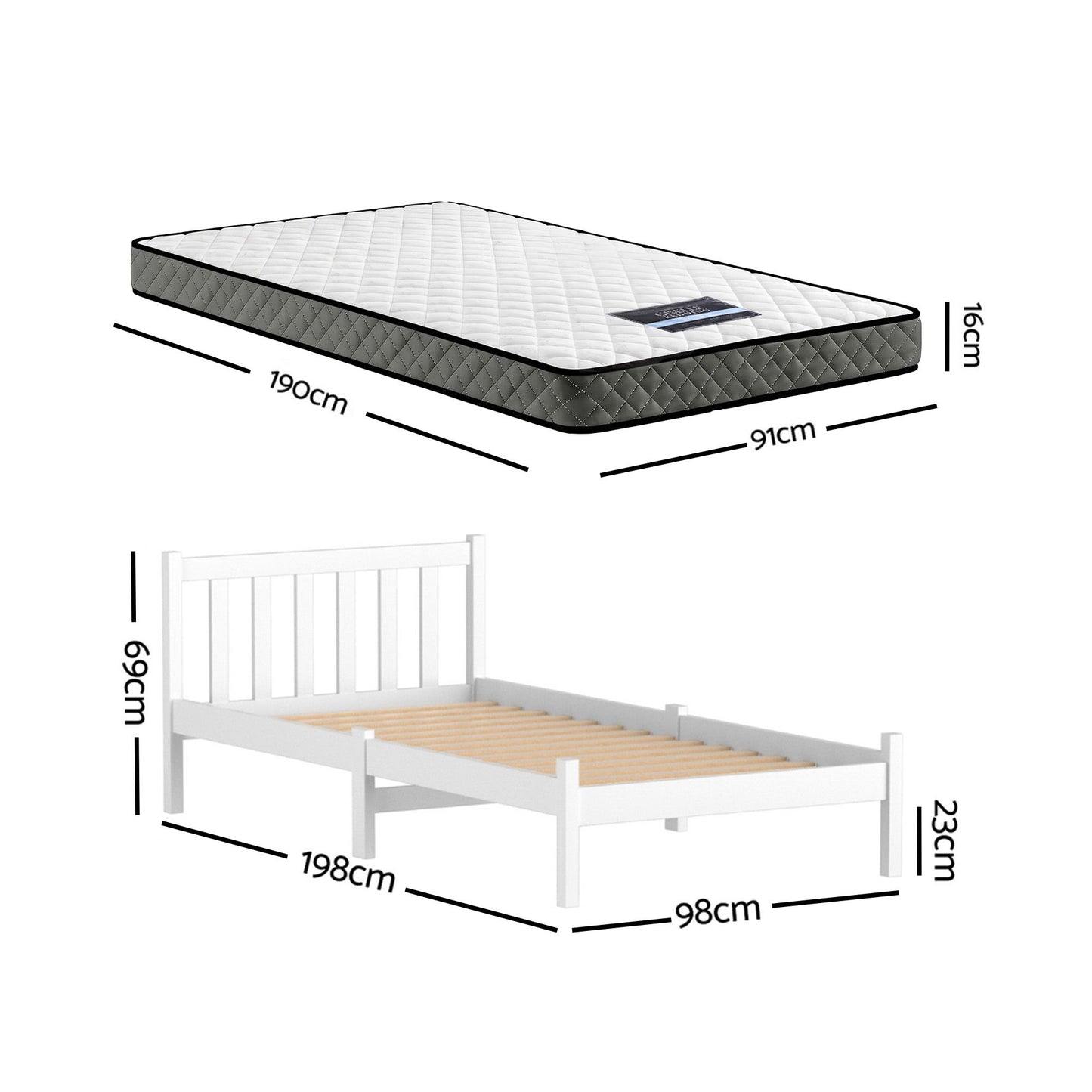 Single Bed Frame Mattress Set Pine White | HomeAndLiving - 3