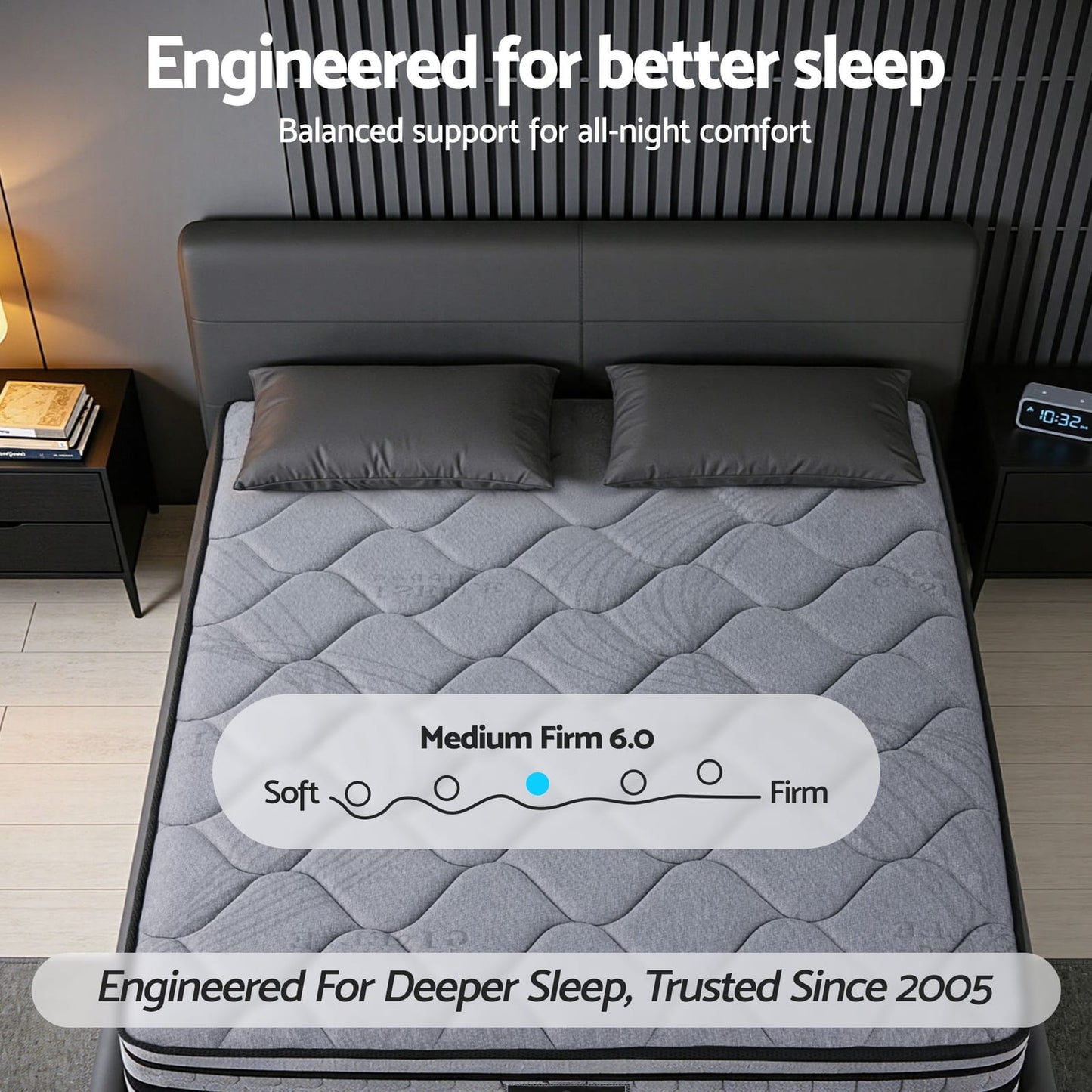 Grey mattress 183x203x34cm, in room setting