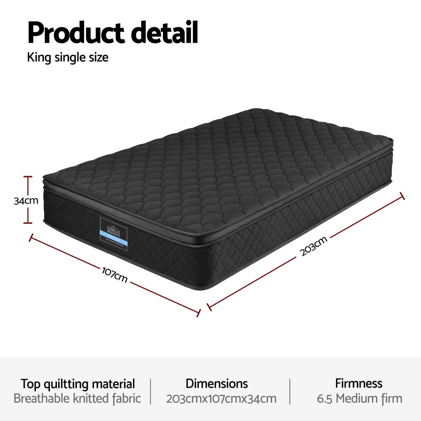 Black mattress 107x203x34cm, rear view