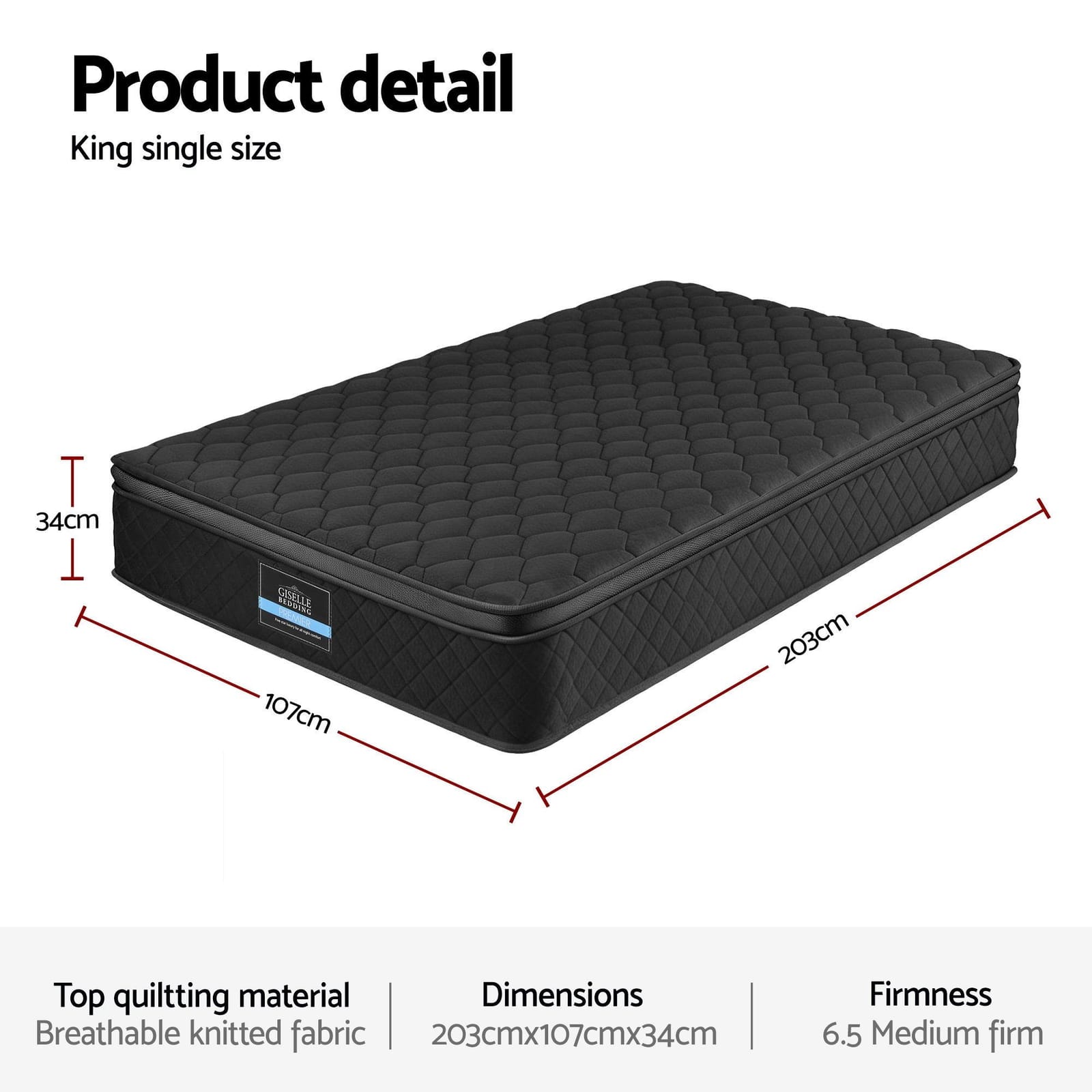 Black mattress 107x203x34cm, rear view