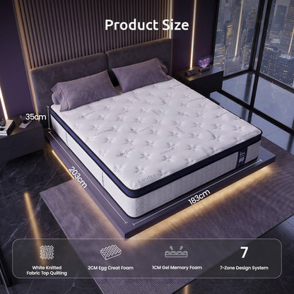 Levitex 35CM King Mattresses Gel Memory Foam and 7-Zone Ergonomic Pocket Spring, Anti-Roll Dual-Row Edge, Undisturbed Deep Sleep For Restless Couples, Triple Cooling System
