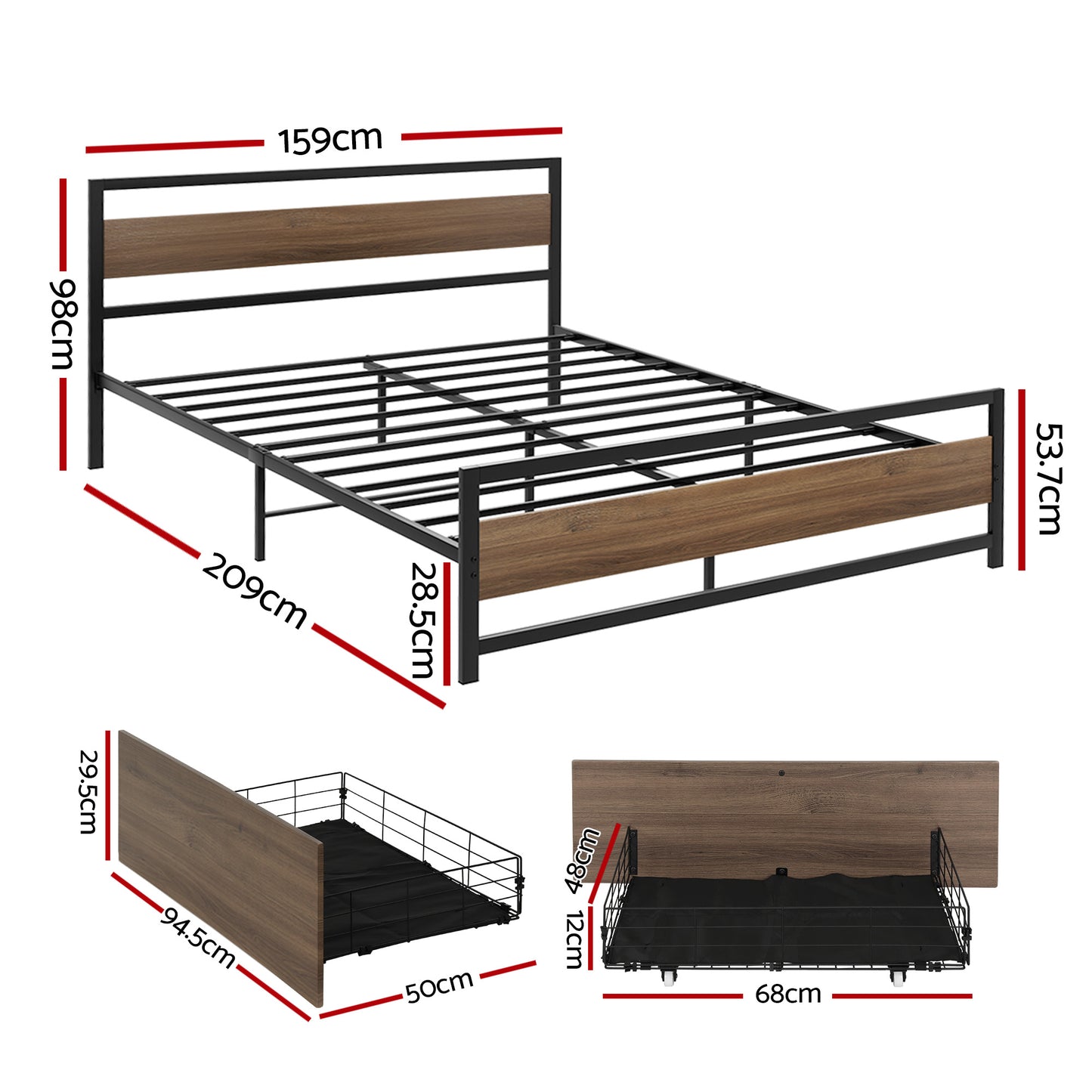 Queen Bed Frame Metal 2 Drawers 300kg | HomeAndLiving