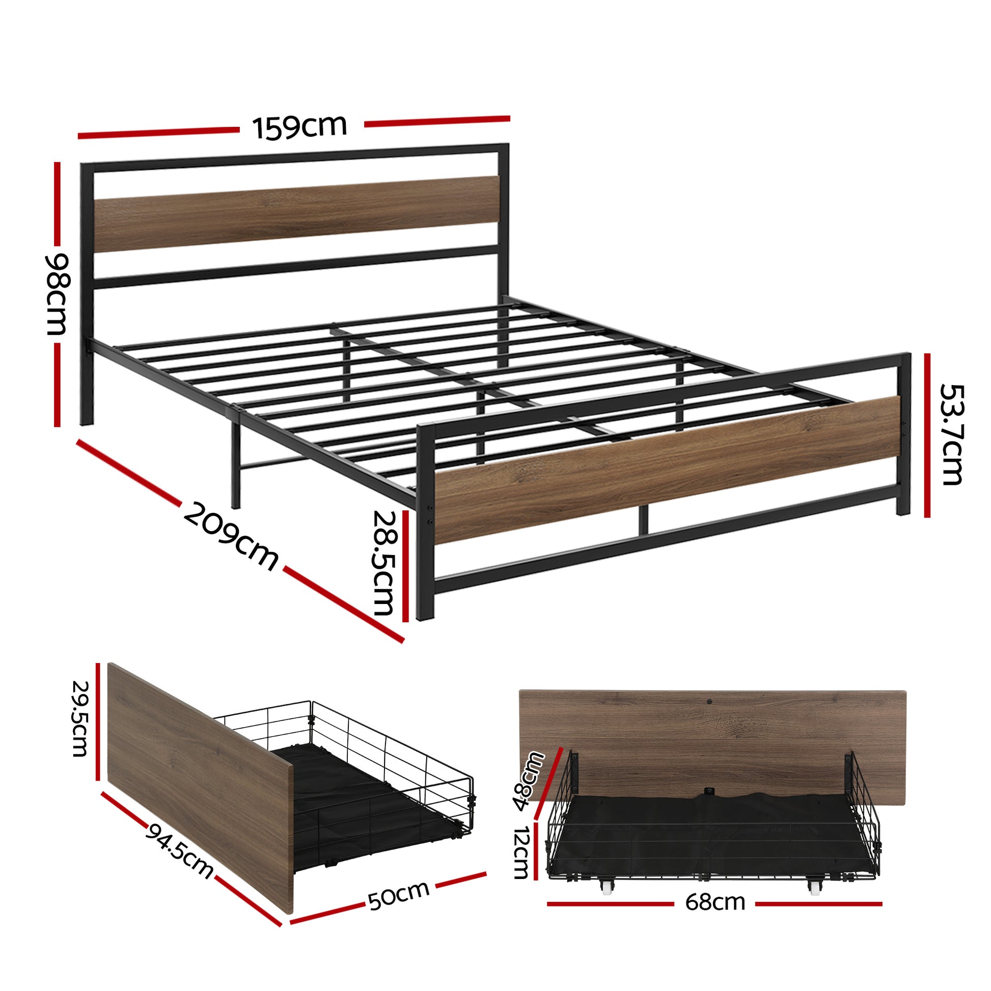 Queen Bed Frame Metal 2 Drawers 300kg | HomeAndLiving