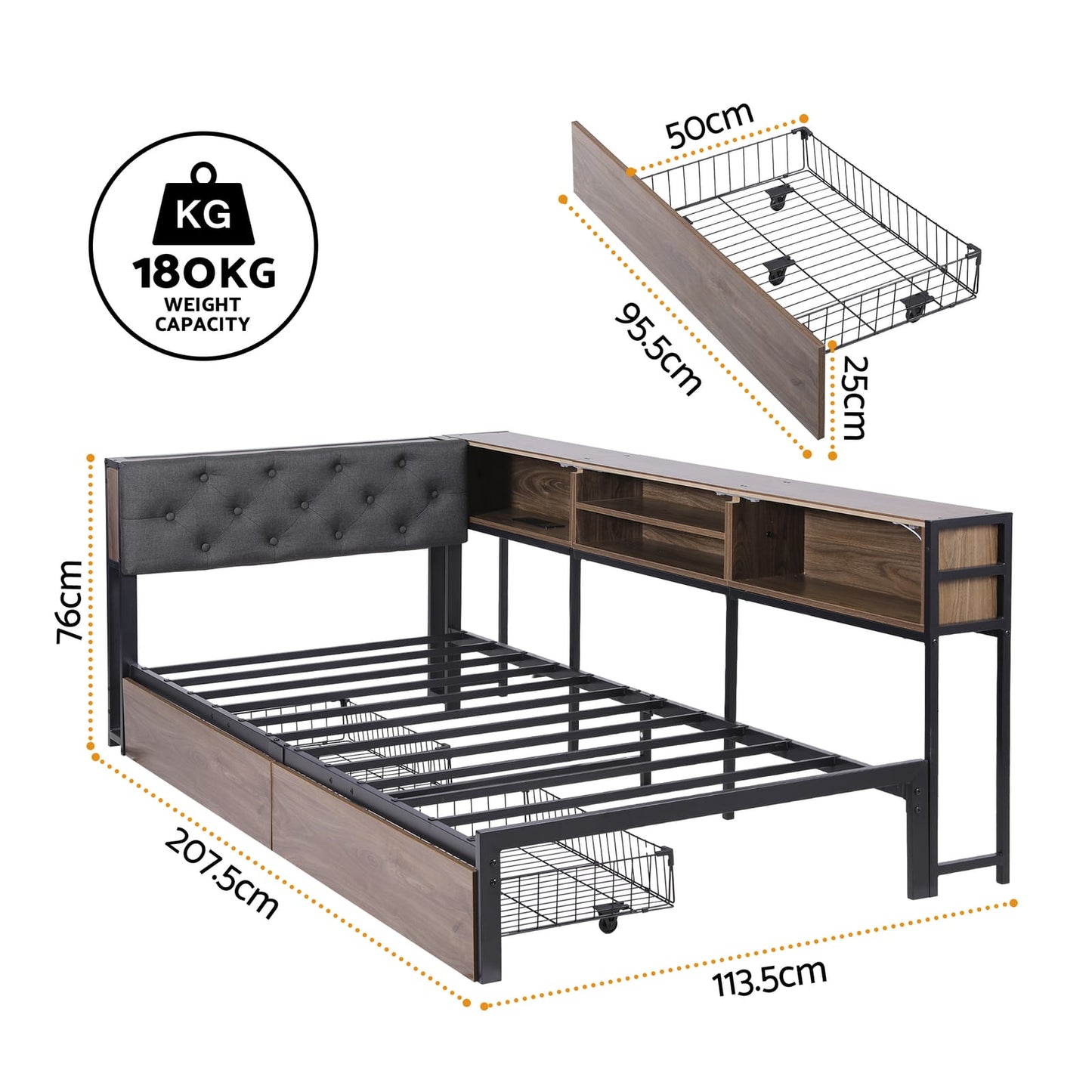 Single Bed Frame With Drawers 190x90cm