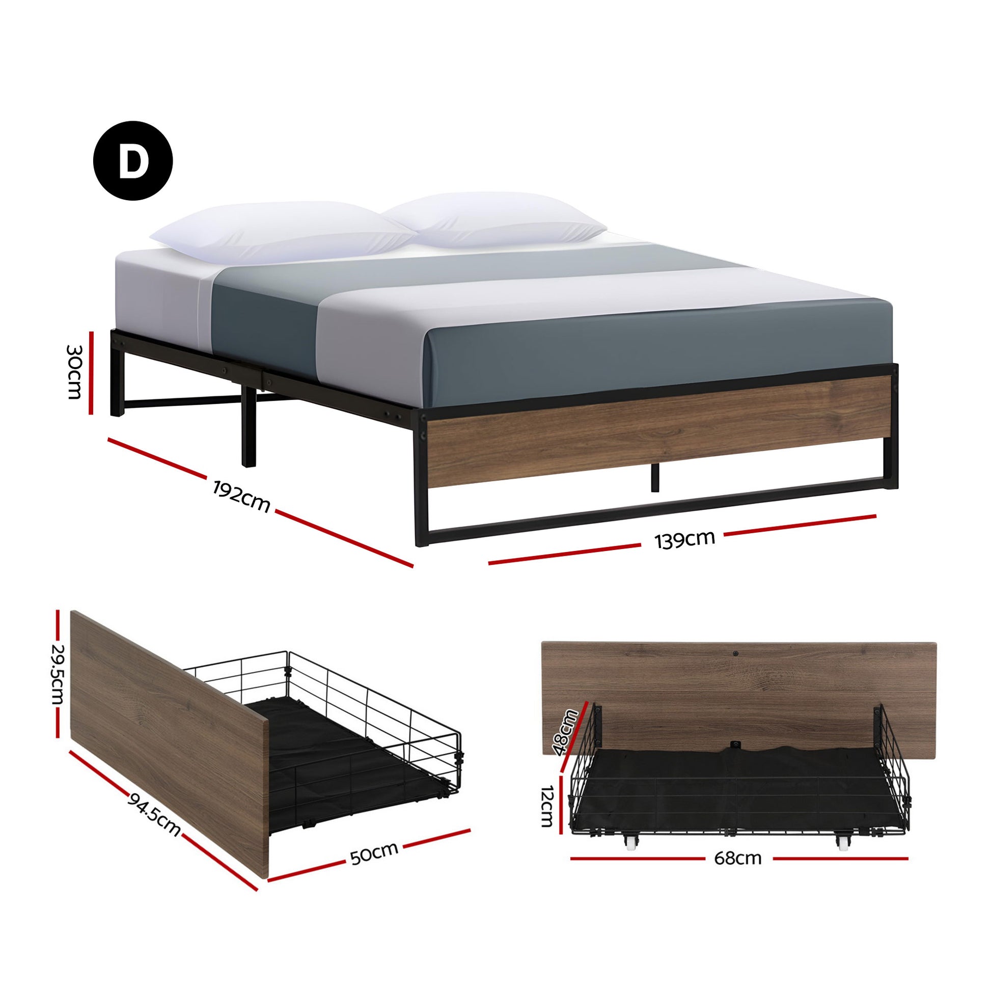 Double Bed Frame 2 Drawers Storage Metal | HomeAndLiving
