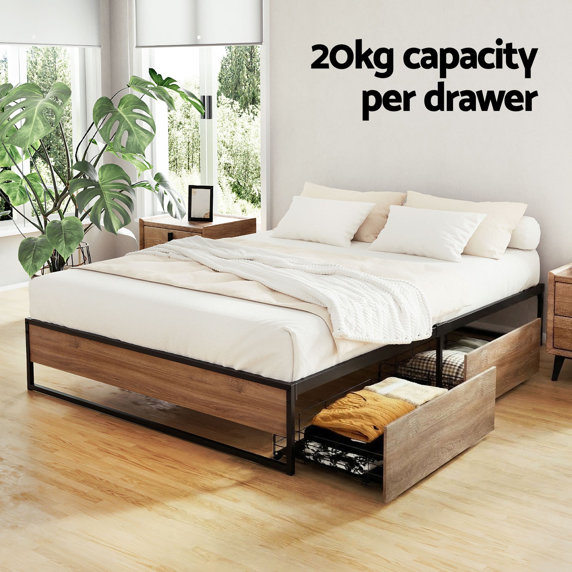 Double Bed Frame 2 Drawers Storage Metal | HomeAndLiving