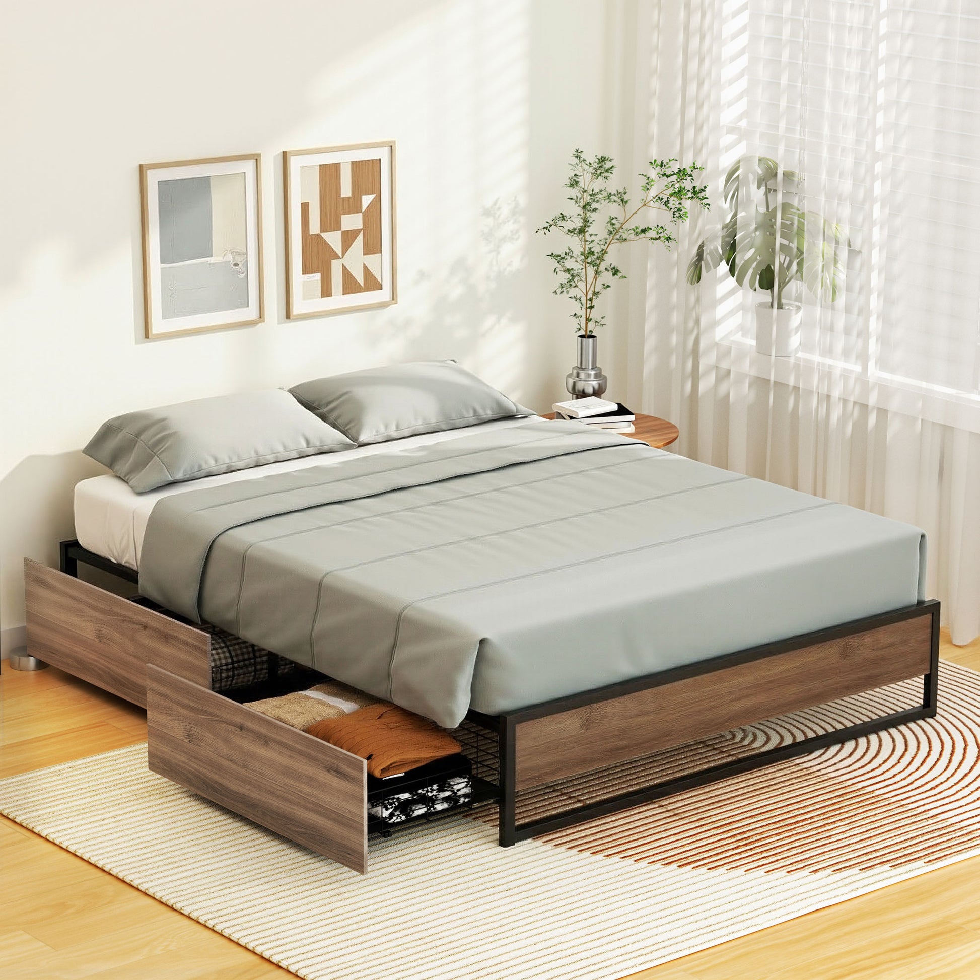Queen Bed Frame 2 Drawers Storage Metal | HomeAndLiving