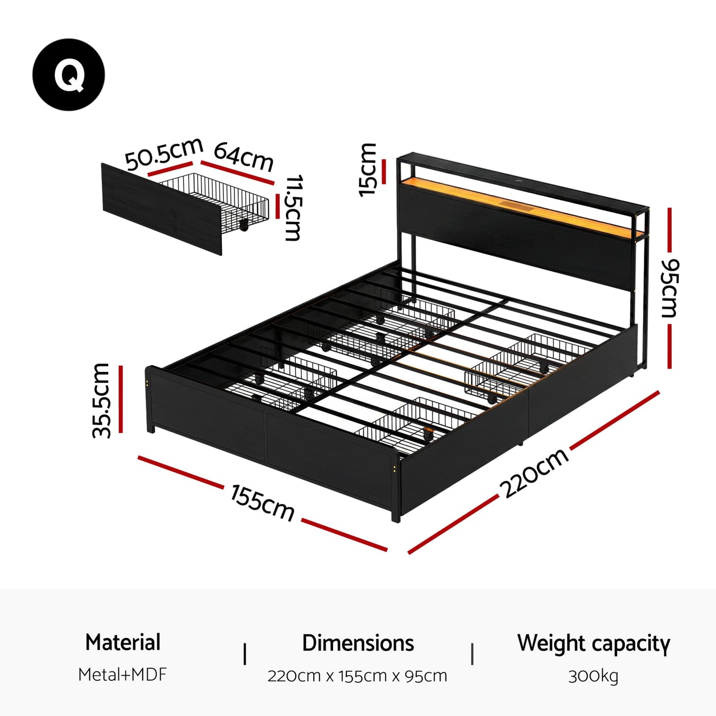 Queen Metal Bed Storage Frame 203x153cm