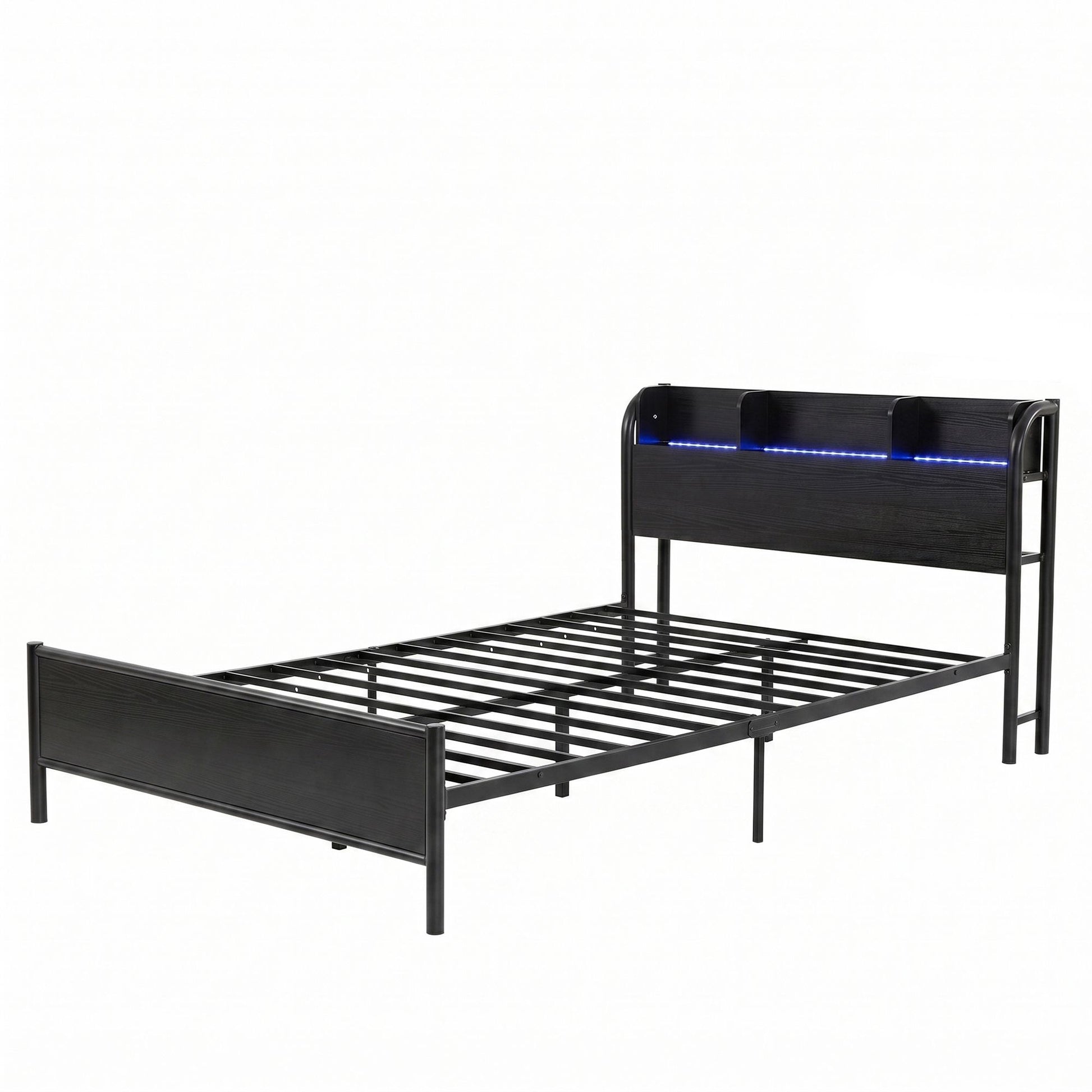 Single Bed Frame LED Charging Station Storage | HomeAndLivin - 2