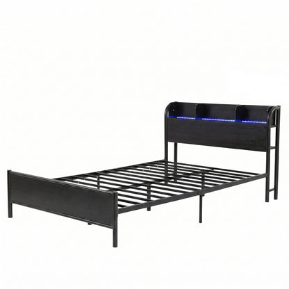 Single Bed Frame LED Charging Station Storage | HomeAndLivin - 2