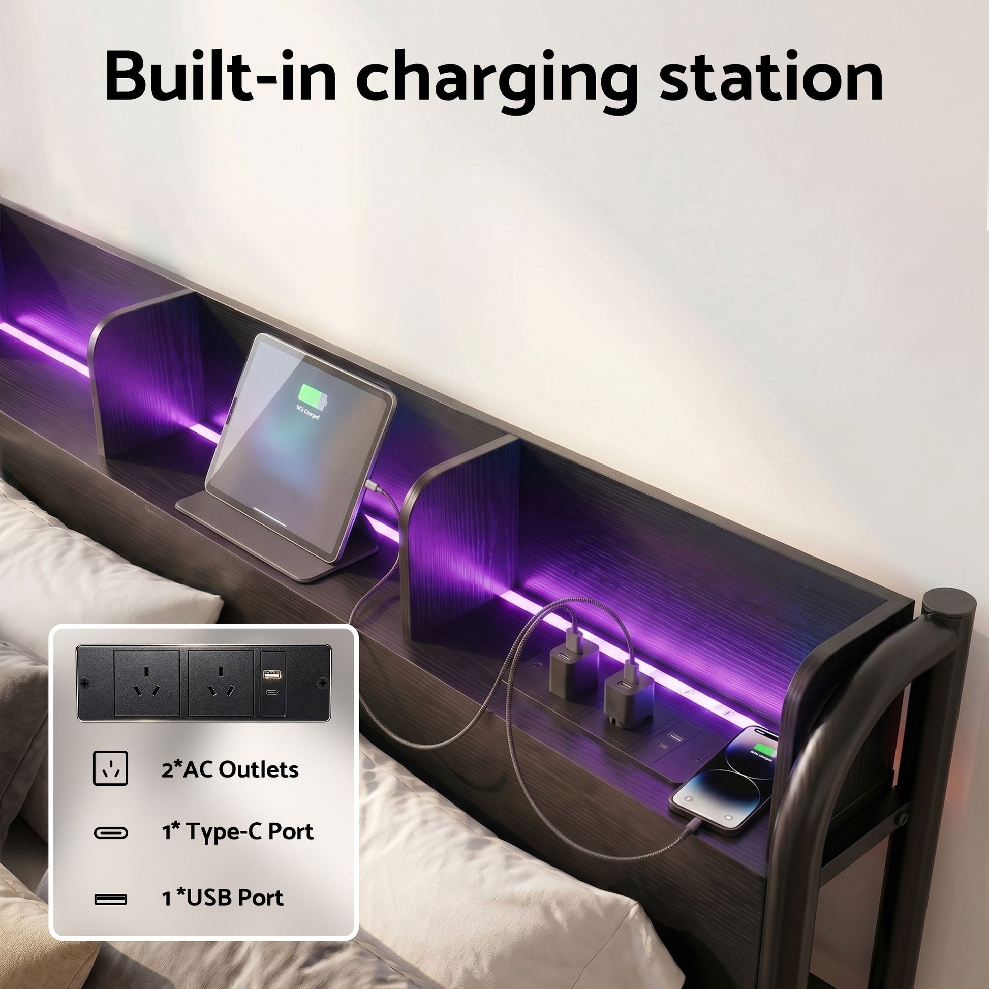 Single Bed Frame LED Charging Station Storage | HomeAndLivin - 5