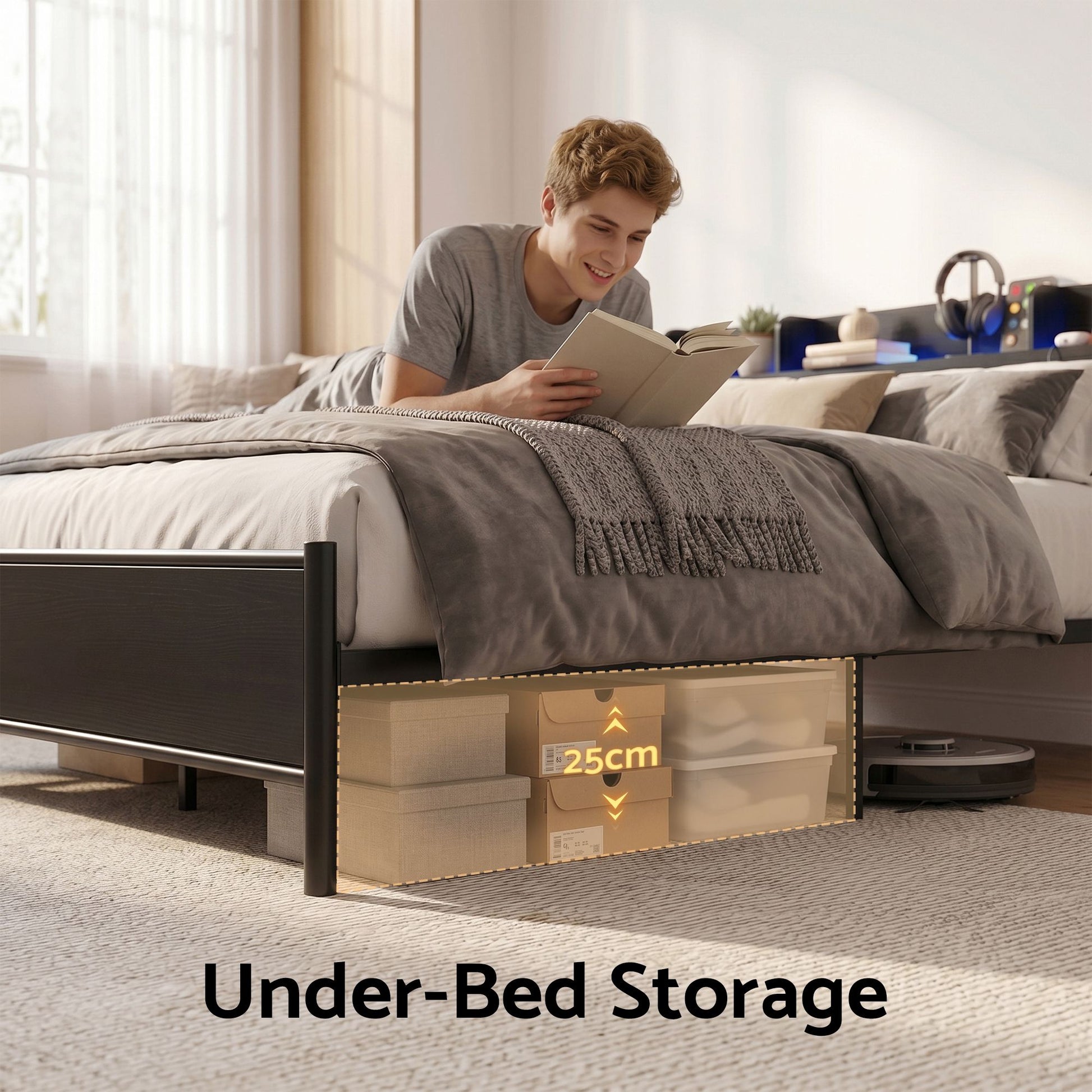 Single Bed Frame LED Charging Station Storage | HomeAndLivin - 7