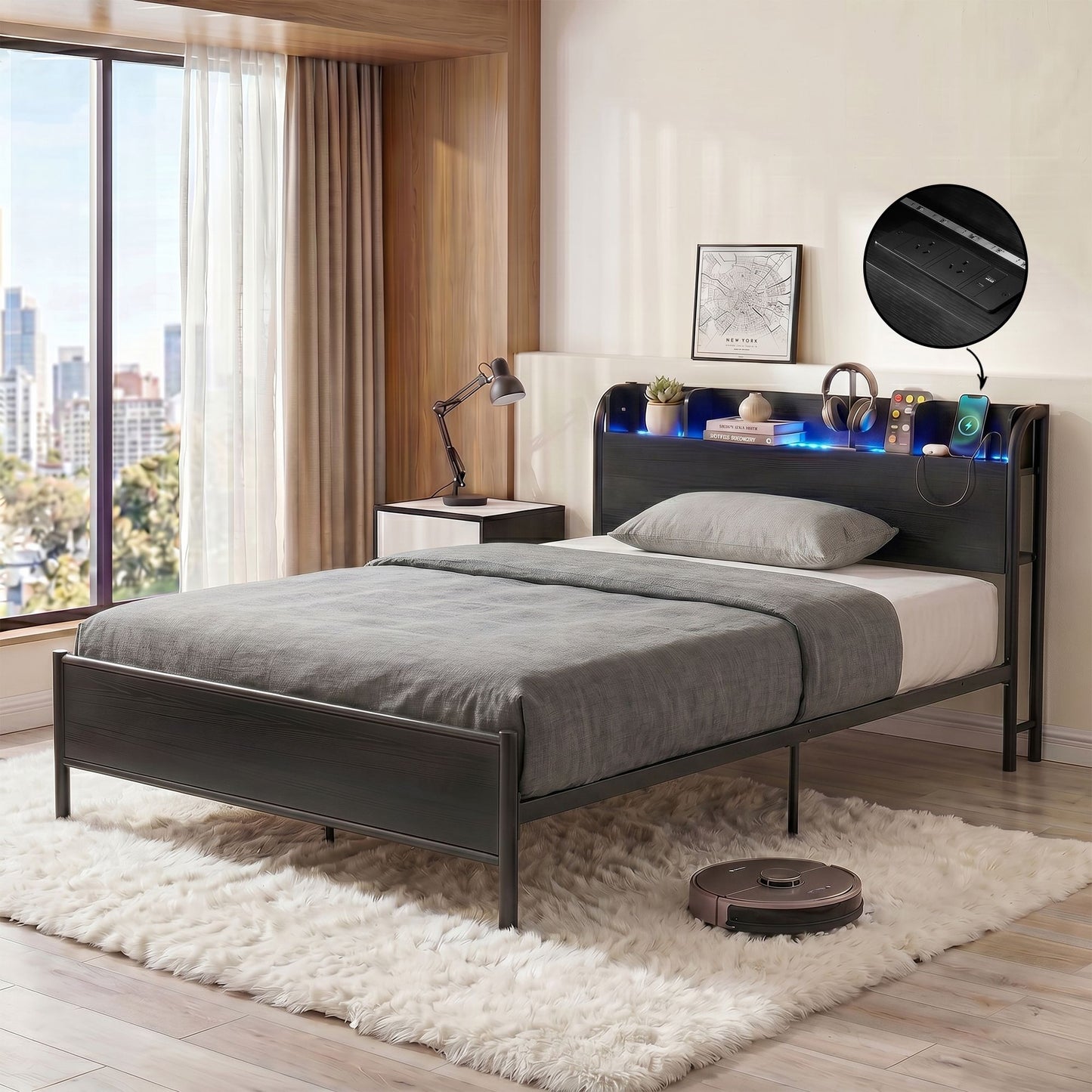 Single Bed Frame LED Charging Station Storage | HomeAndLivin