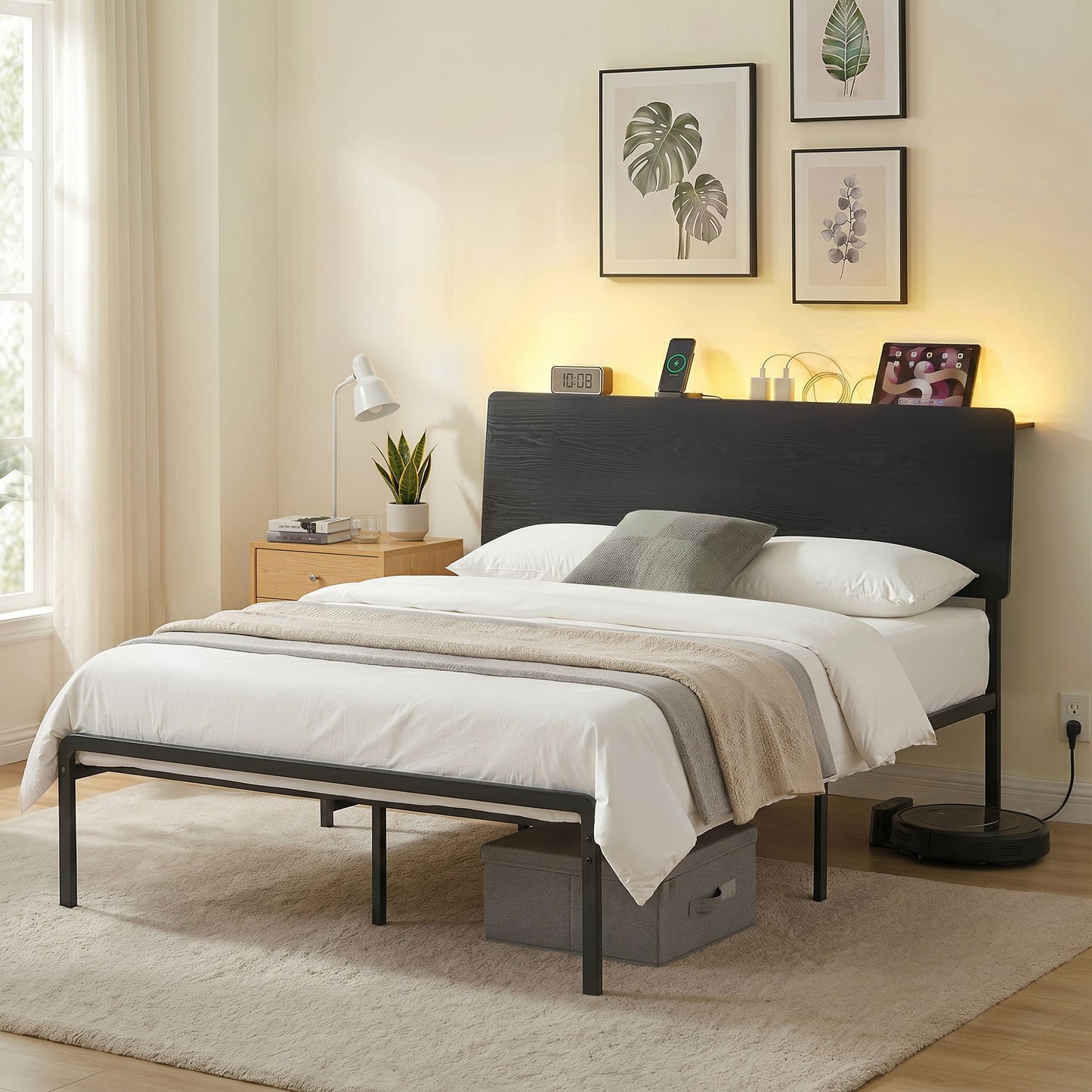 Queen LED Bed Frame Charging Station Black | HomeAndLiving