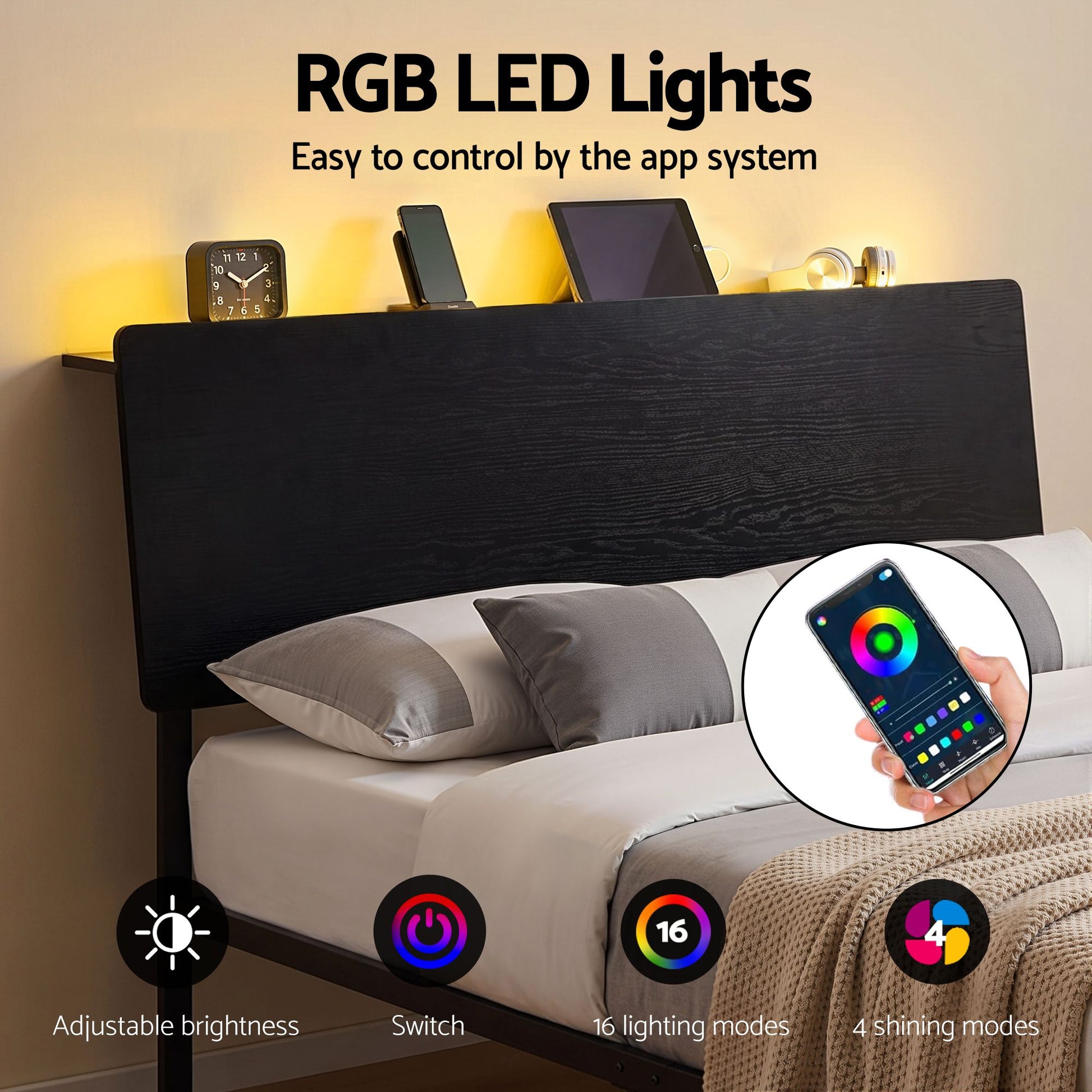 Queen LED Bed Frame Charging Station Black | HomeAndLiving - 5