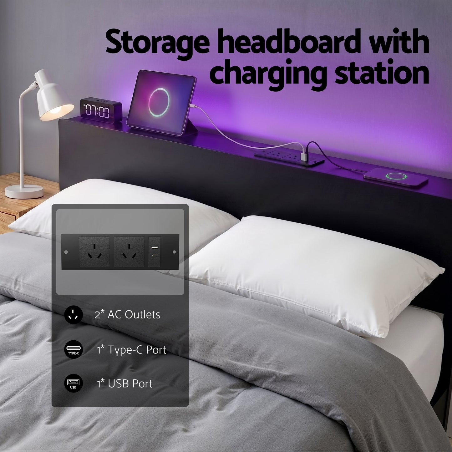 Queen LED Bed Frame Charging Station Black | HomeAndLiving - 6
