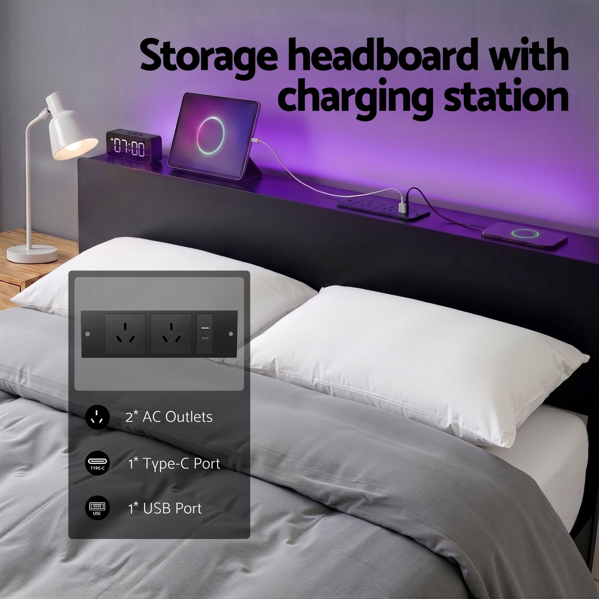 Queen LED Bed Frame Charging Station Black | HomeAndLiving - 6