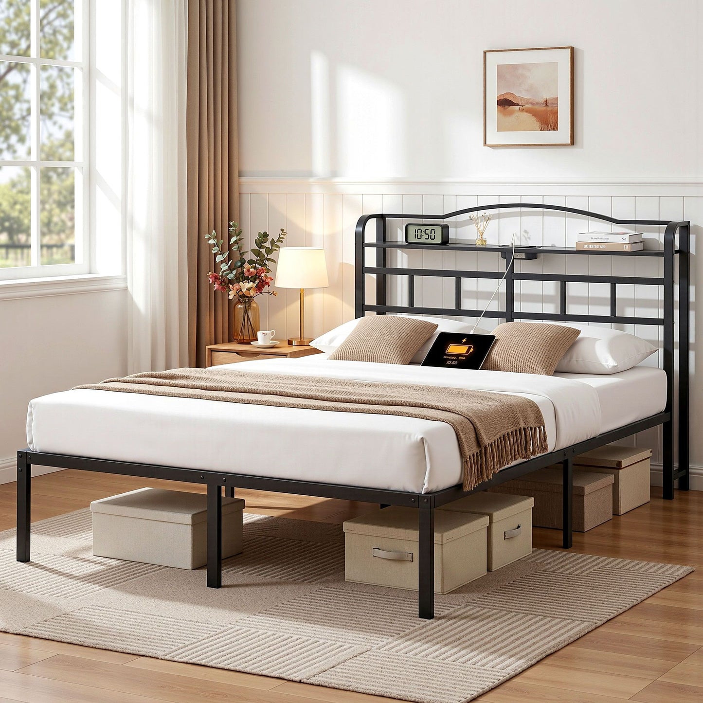Queen Bed Frame Charging Station Storage | HomeAndLiving