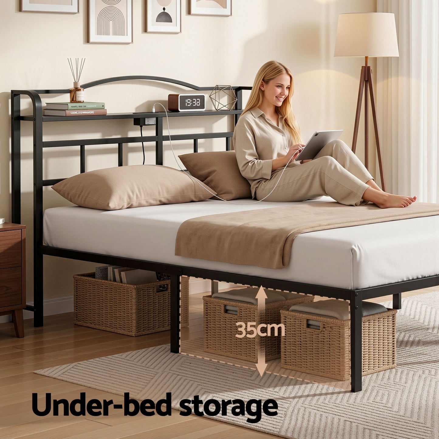 Queen Bed Frame Charging Station Storage | HomeAndLiving - 5