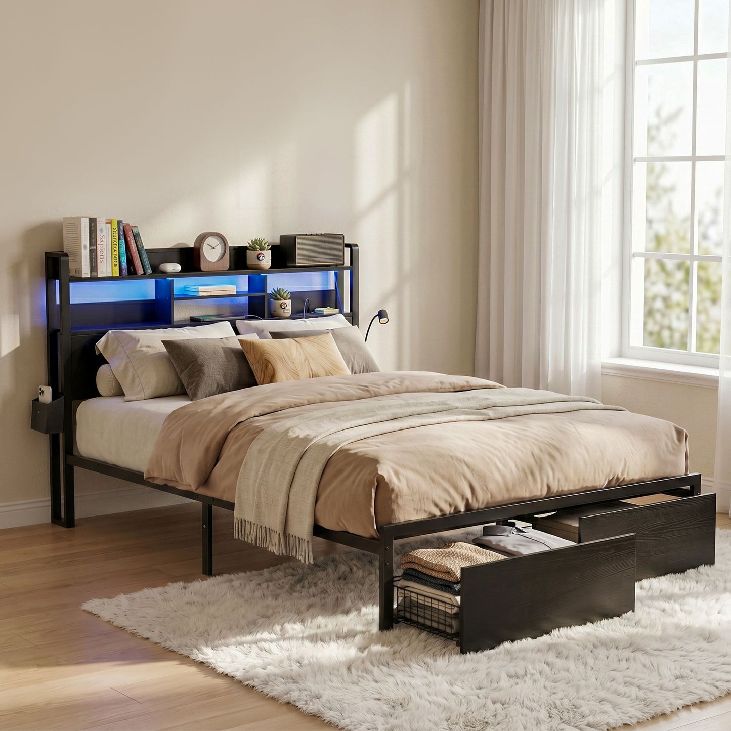 Double Bed Frame LED Drawers Charging Station | HomeAndLivin
