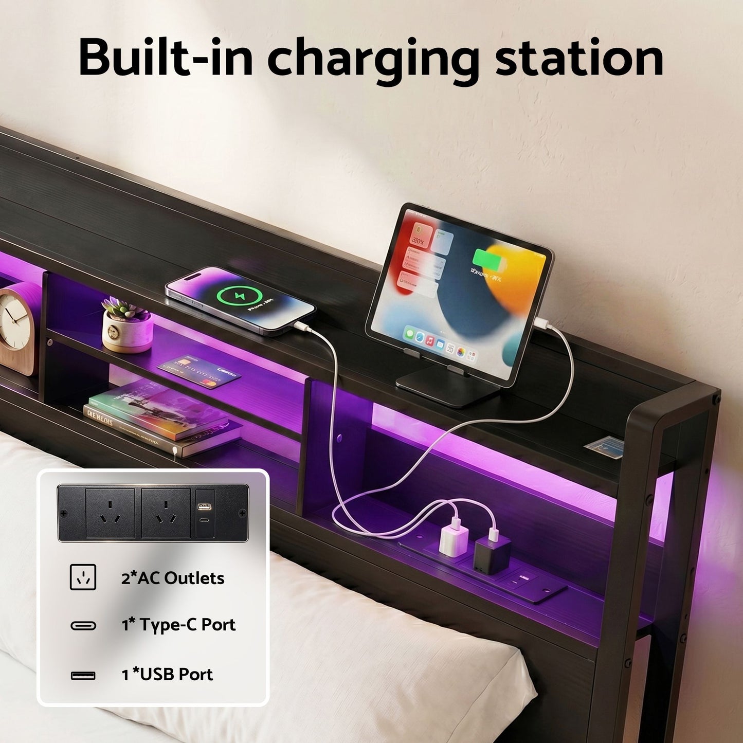 Double Bed Frame LED Drawers Charging Station | HomeAndLivin - 5