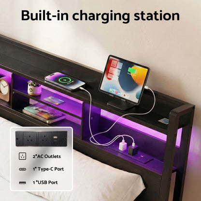 Double Bed Frame LED Drawers Charging Station | HomeAndLivin - 5