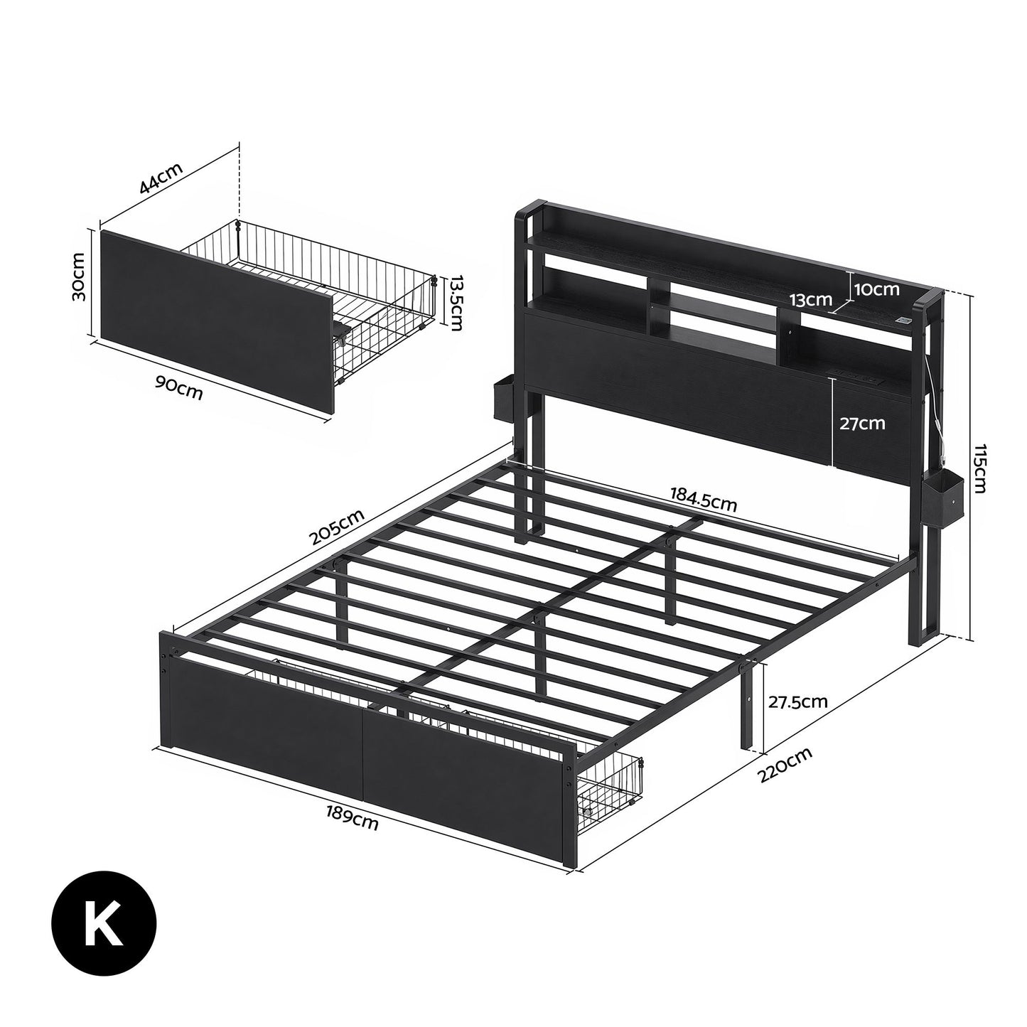 King Bed Frame LED Storage Drawers Charging | HomeAndLiving - 3