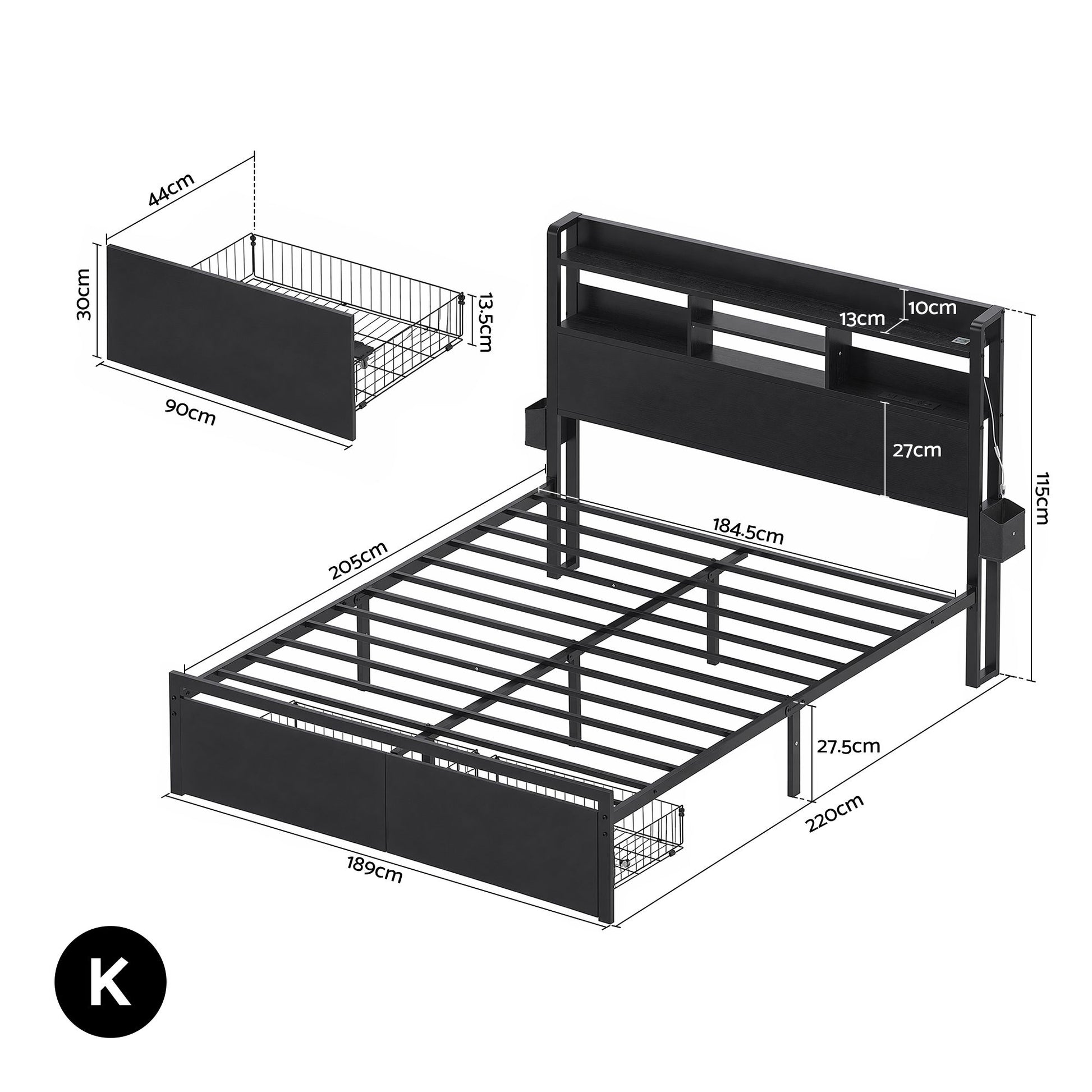 King Bed Frame LED Storage Drawers Charging | HomeAndLiving - 3