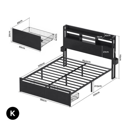 King Bed Frame LED Storage Drawers Charging | HomeAndLiving - 3