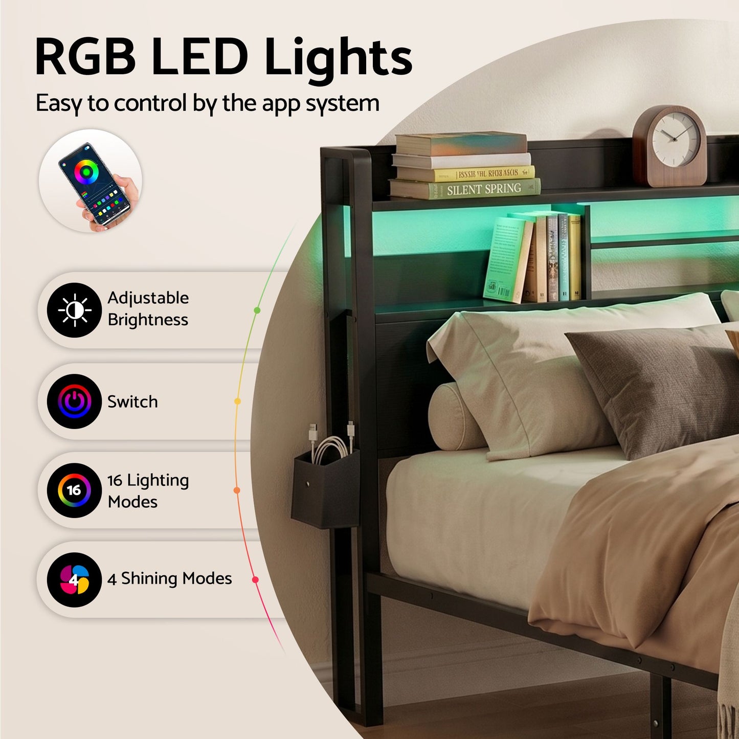 King Bed Frame LED Storage Drawers Charging | HomeAndLiving - 6
