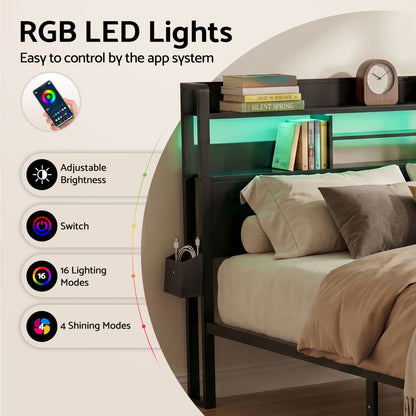 King Bed Frame LED Storage Drawers Charging | HomeAndLiving - 6