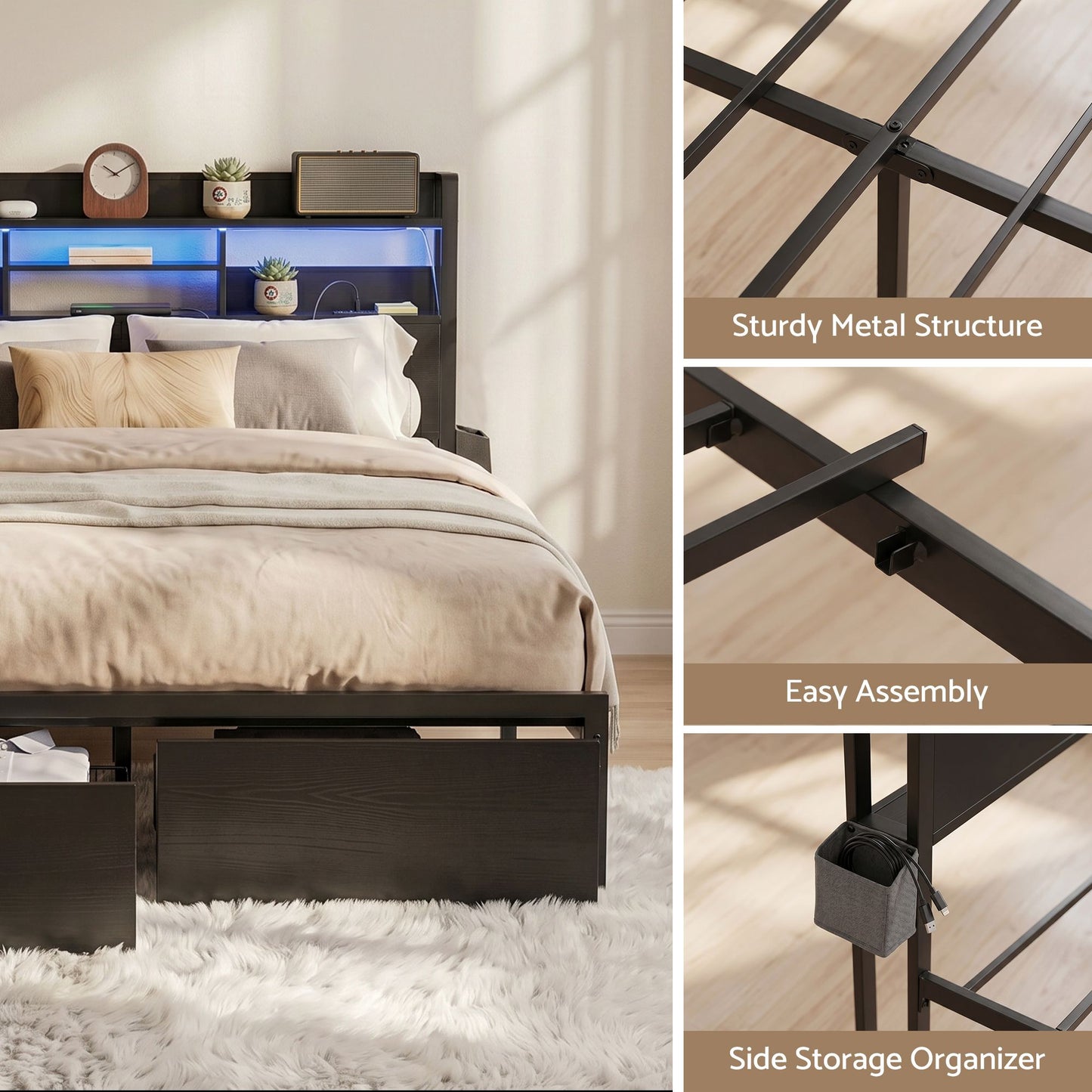 King Bed Frame LED Storage Drawers Charging | HomeAndLiving - 8