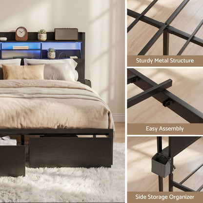 King Bed Frame LED Storage Drawers Charging | HomeAndLiving - 8