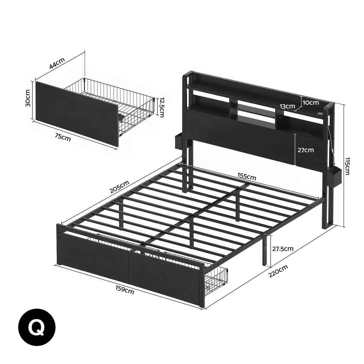 Queen Bed Frame LED Drawers Charging Station | HomeAndLiving - 3