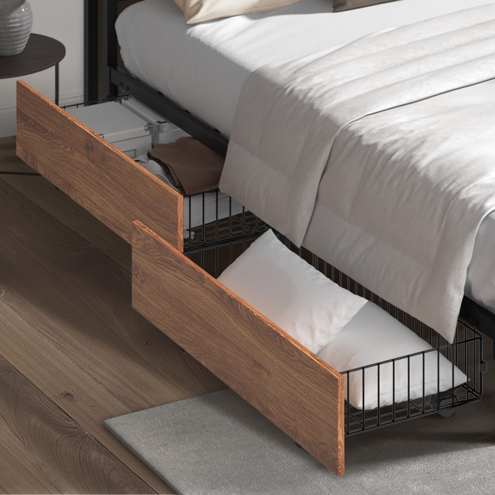 2x Bed Frame Storage Drawers with Wheels Metal Brown