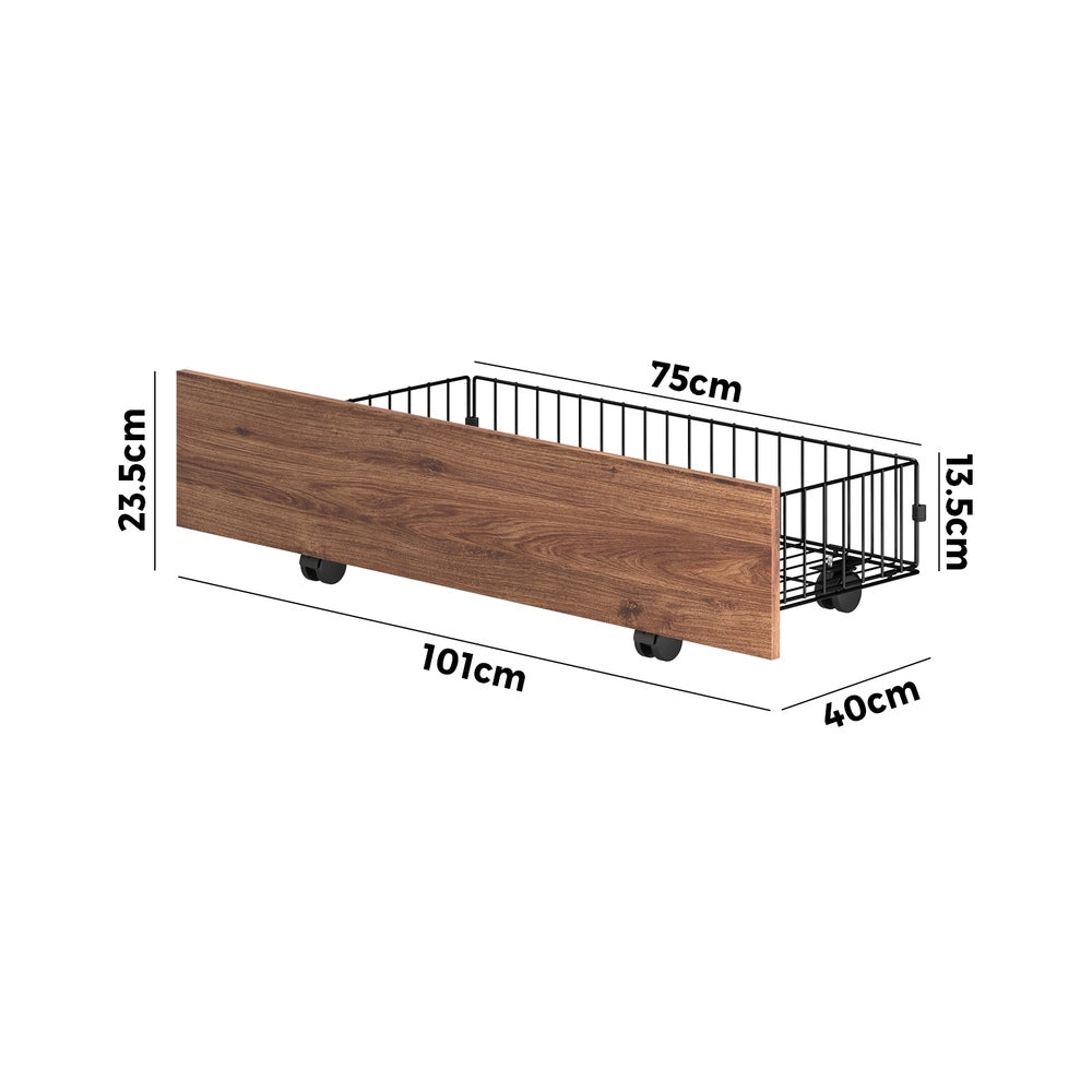 2x Bed Frame Storage Drawers with Wheels Metal Brown