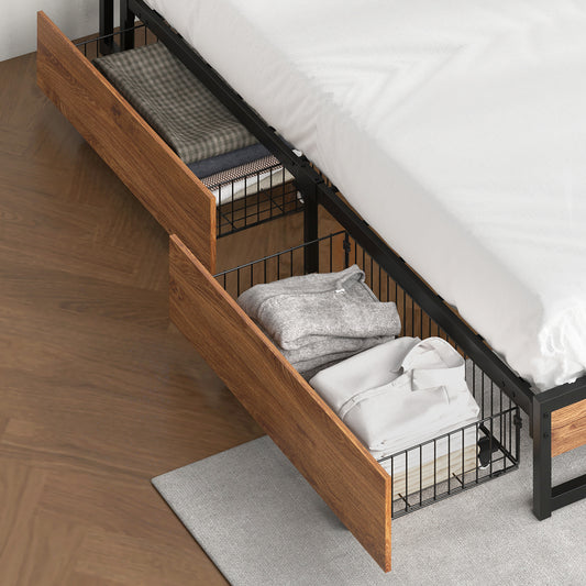 4x Bed Frame Storage Drawers with Wheels Metal Brown