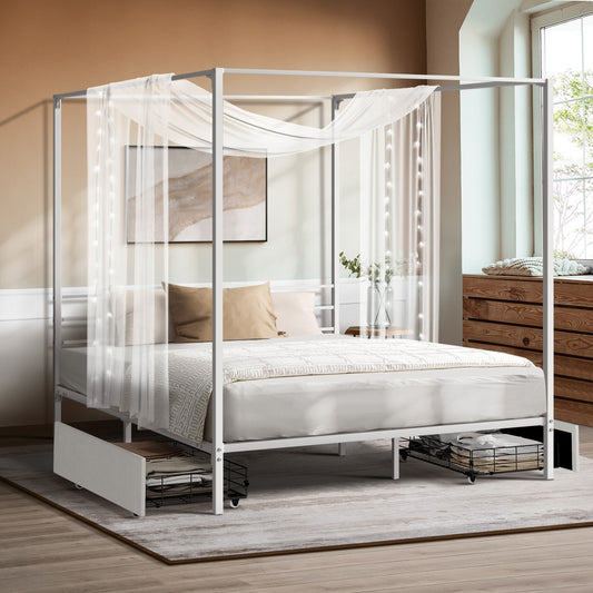 Canopy Double Bed Frame with 2 Drawers White