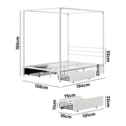 Canopy Double Bed Frame with 2 Drawers White