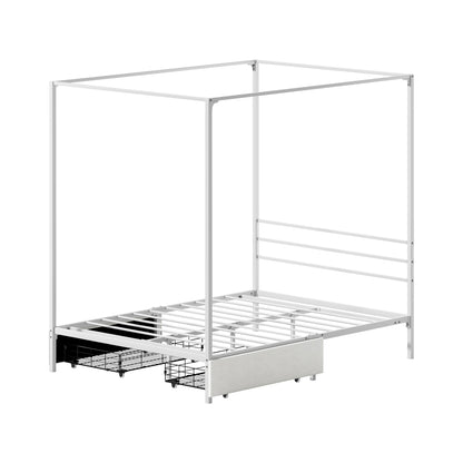 Canopy Double Bed Frame with 2 Drawers White