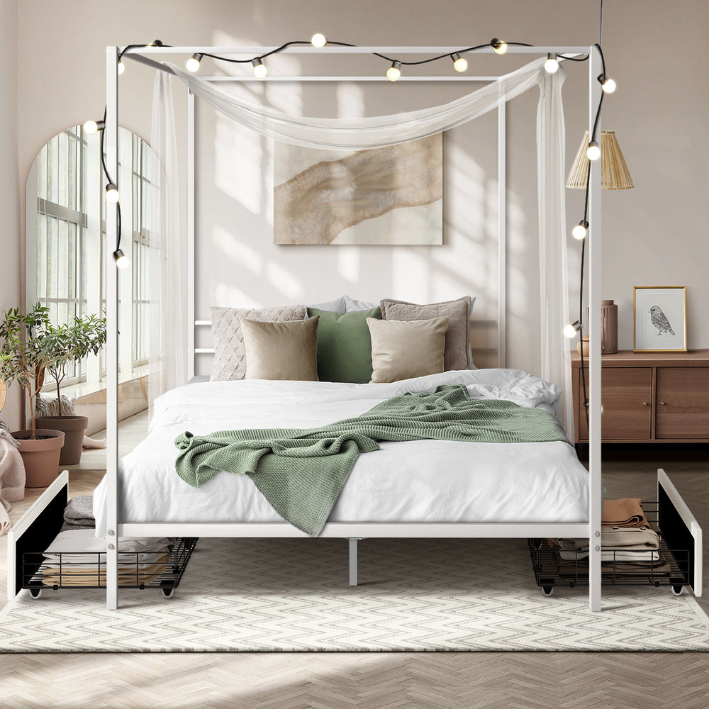 Canopy Double Bed Frame with 2 Drawers White