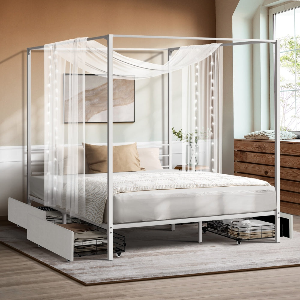 Canopy Queen Bed Frame with 2 Drawers White