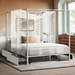 Canopy Queen Bed Frame with 2 Drawers White